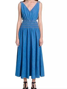 MAJE Denim Cut Out Maxi Dress - Blue - Size 42 ( 12 )